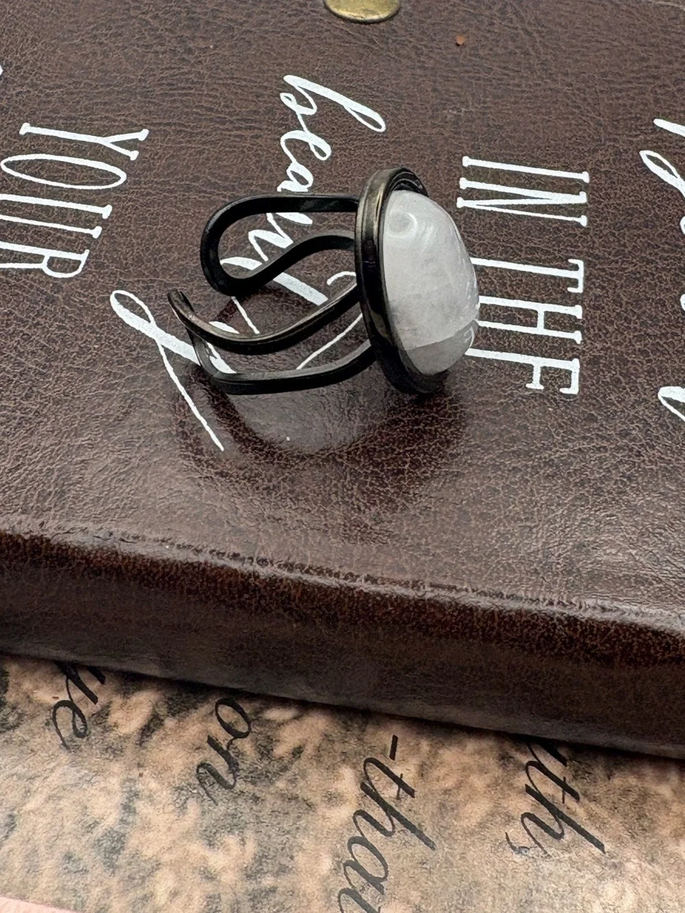 Handmade White Quartz Adjustable Black Statement Ring